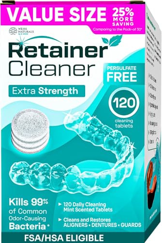 Weiss Naturals Retainer Cleaner Tablets, Invisalign Cleaner, Remove Stains, Odors & Plaque, PERSULFATE FREE Night Guard & Denture Cleaner 4-Month Supply, 120 Mint Scented Tablets