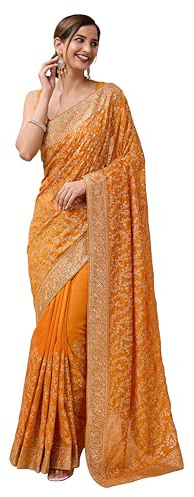 TRENDMALLS Dam Vichitra siden tungt broderi arbete sari med blusstycke, Gul, One Size