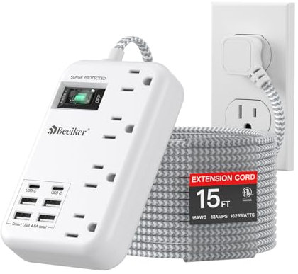 6 USB(2 USB C) Surge Protector Power Strip- 15 Ft Extension Cord with 6 USB Charging Station and 4 Outlets, Flat Plug Long Braided Extension Cord with Multiple Outlets Wall Mount for Home Office Dorm