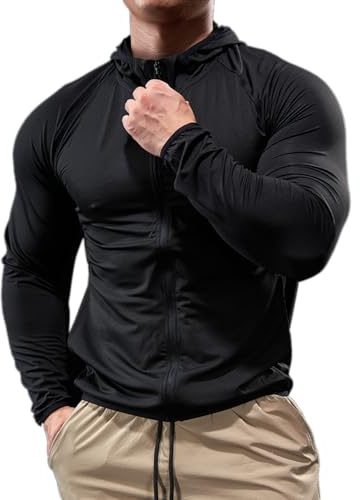 palglg Uomo Sport Felpa con Cappuccio Zip Completa Giacca Leggero Fitness Manica Lunga Asciugatura Rapida Maglie per Corsa Top Nero S