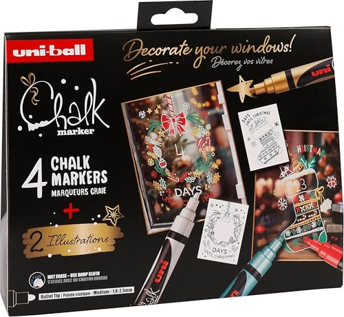Uni-Ball 186279 - Kreidemarker Set Xmas trad, 4 Marker mit 2 Schablonen, UNI CHALK MARKER, Kreidestifte für Fenster