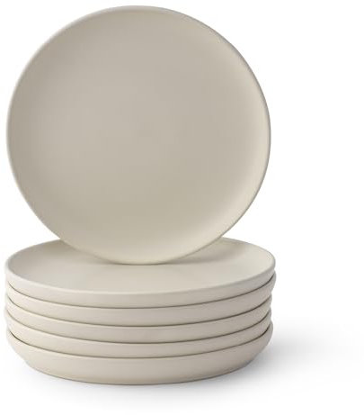 JoyJolt Mesa Stoneware Salad Plates, 8 Round Lunch Plates, Dishwasher and Microwave Safe Plate Set of 6, Modern Rustic Dinnerware, Appetizer Dessert Dinner Sides Kitchen Dishes - Matte White (Linen)