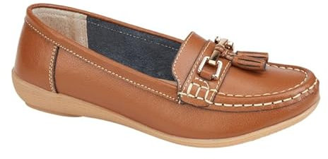 Jo & Joe Ladies Wide Fit Flat Leather Tassel Moccasins Loafer Nautical Shoe Plimsole Pumps Womens. Tan Size 6
