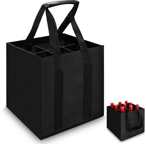 Mexgcom Flaschentasche 9 Fächer, Flaschentasche für 1,5 Liter Flaschen, Flaschenträger mit Klettband, Wiederverwendbar Männerhandtasche Getränketasche für Wasserflaschen, Wein, Schwarz (27*27*27CM)
