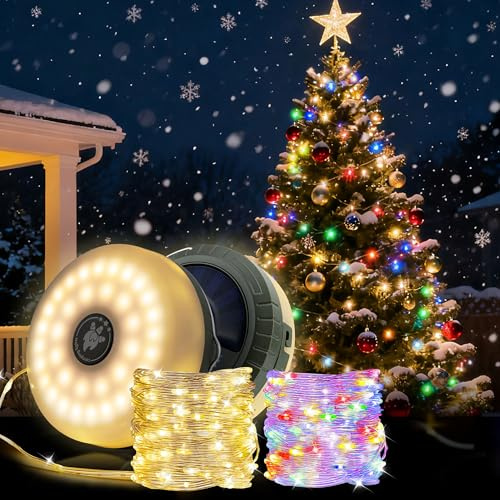 Mcbazel 10M Solar Camping Lichterkette,LED Weihnachtsbeleuchtung Außen,Wasserdicht Aufrollbar Lichterkette mit Fernbedienung,5 Modi Warmweiß & Bunt für Weihnachten Garten Balkon Terrasse Innen Außen