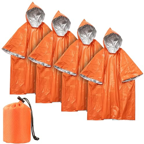 Deecam Poncho de Survie d'urgence 4 pièces(Orange), Poncho Pluie imperméable,Réversible avec Capuche,Imperméable, Coupe-Vent, Portable, pour Camping, Randonnée, Extérieur