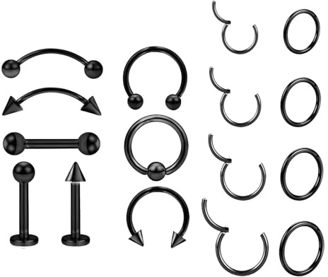 aieieii 16 PCS Black Nose Ring Kit, Lip Ring for Bottom Lip Multiple Gauges Thin Hoop Design Septum Piercing Jewellery, Suitable for Nose Septum, Helix, Tragus, Lip Piercings for Women Men