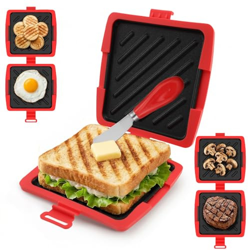 CBWERBB Microonde Sandwich Maker, Silicone Microwaveable Cookware, Heatwave Technology antiaderente Piastre Wireless per cucinare deliziosi panini croccanti (rosso (con coltello da burro))