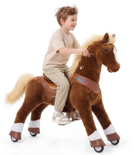 PonyCycle Y574 Ridande Leksak, för barn, med realistiska hästljud för 7 år, mekanisk skakande häst, modell Y, brun häst med hjul, födelsedagspresent för barn