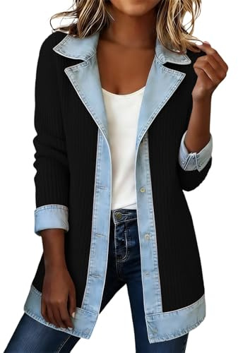 Blazer Femme Denim Patchwork Cardigan avec col en jean Bloc de couleur Casual T-shirt à manches longues Décontracté Veste en jean Mode Vestes à manches longues Haut en tricot flatteur Pull de loisirs