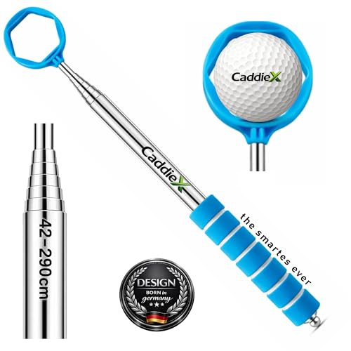 CaddieX Golf Bollsökare i Rostfritt Stål 42–290 cm – Teleskop Golffiskestänger med 6-kantig Fångsystem – Utdragbar Golfboll Fångare – Golf Tillbehör, Blå