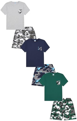 ThePyjamaFactory Boys Camouflage Short Green Grey Navy 3 Pack Pyjamas PJs For Kids (15-16 Years)