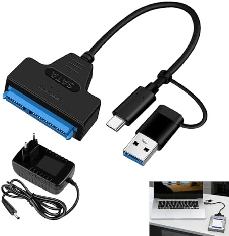 Adaptador SATA USB 3.0, Cable SATA USB para SSD y HDD 2,5 y 3,5 Pulgadas Fuente 12V 2A, Cable Conversor Disco Duro Externo UASP 5Gbps, Lector y Clonador Unidades PC, Soporte Transferencia y Backup