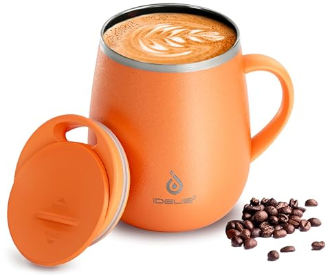 Ideus 460ml Insulated Coffee Mug with Lid and Handle (Orange 2.0) | Double wall stainless steel; thermal cup; keeps drinks hot or cold; ideal for home office travel