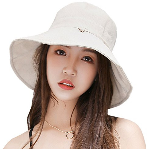 Petite Fortune Femme Chapeau de Soleil Coton Large Bord Visière Capeline Pliable Anti-UV UPF 50+ Sunhat Respirant Orné Bowknot pour Plage Voyage Camping Loisirs Printemps Été