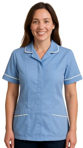 shelikes Womens Hospital Uniform Ladies Healthcare Zip Fastening Collared Nurse Tunic Top Medical Uniform Salon Vet Healthcare Maid Dress Sky Blue