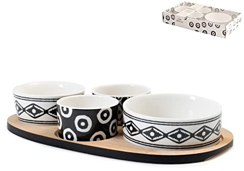 H&H Ethnic Set Antipastiera 4 Coppe, Porcellana, Base Bambù