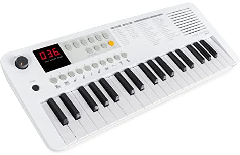 Classic Cantabile MINI-37 Keyboard - 37 Mini-Tasten - Stromversorgung über USB-C oder Batterien - 100 Sounds und Rhythmen - USB-MIDI - Lautsprecher und Kopfhörerausgang - weiß-grau