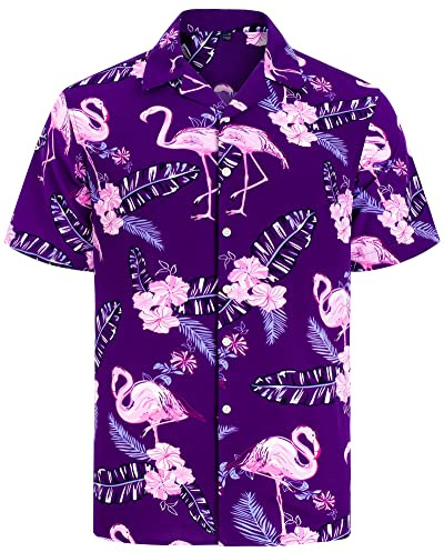 J.VER Hawaiian Shirt Men Short Sleeve Fashion Summer Casual Beach Holiday Party Aloha Funky Flower Printed Vacation Tops Purple Flamingo L