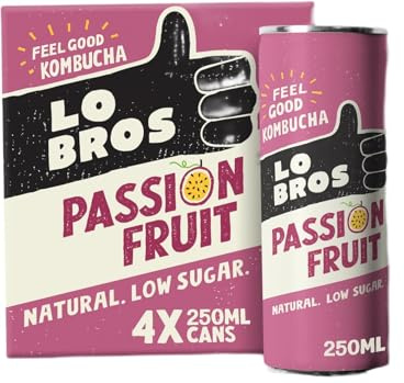Lo Bros Kombucha - Passionfruit - Sparkling Refreshing Drink with Natural Ingredients and Live Cultures, Supports Gut Health, Low Sugar, Vegan, Gluten Free- 4 x 250ml