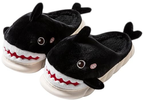 YILANLAN Zapatillas de mujer Pantuflas de tiburón animal Zapatillas de algodón de invierno de felpa suave y cálida (Black, 44)