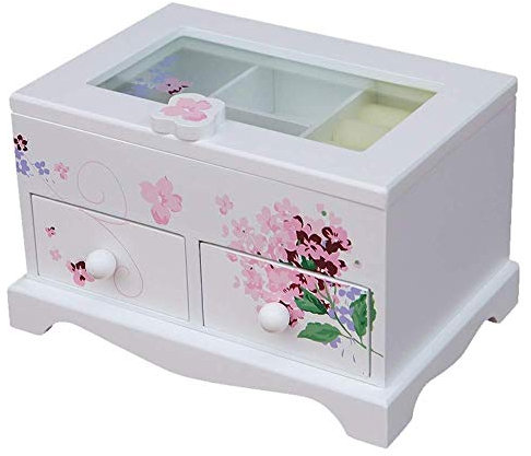 BONOOL Portagioielli per donna Cassettiera per gioielli in legno con 2 cassetti Portagioie con motivo floreale, regalo per ragazze. Portagioie per donna
