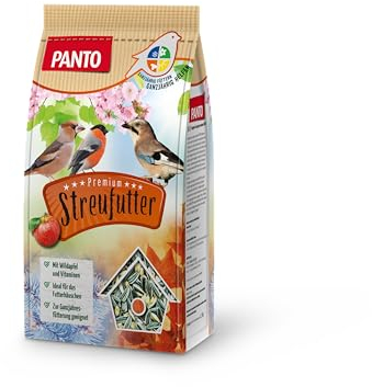 PANTO Streufutter für Wildvögel mit Wildapfel 4 x 1,7 kg – Vogelfutter aus Sonnenblumenkernen, Nüssen, Rosinen für Körnerfresser, ganzjähriges Wildvogelfutter