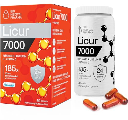 Kurkuma Kapseln mit Vitamin D3 – 185x Höhere Bioverfügbarkeit – Hochdosiertes Mizellen Curcumin – 1 Kapsel Täglich – Entspricht 6.600 mg Kurkuma Pulver – Licur 7000 mit Vitamin D (2 Monatspackung)