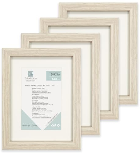 Marco de fotos (pack x4), madera clara, tamaño 20x25 cm con paspartú de 15x20 cm, soporte de pie, colagador horizontal y vertical para montaje en pared, moldura de 18x18mm y cristal , X4 Uds