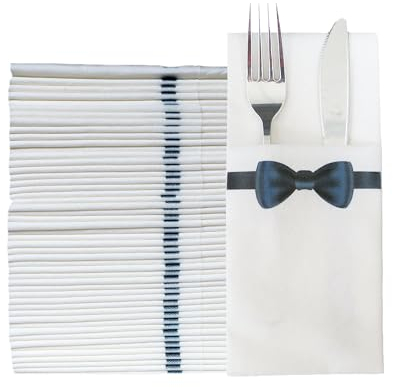 JEBBLAS Disposable Cloth Like Napkins, Built-in Flatware Pocket, Wedding Party Linen Feel White Napkin, Prefolded for Silverware, Bowtie Print 50 Count
