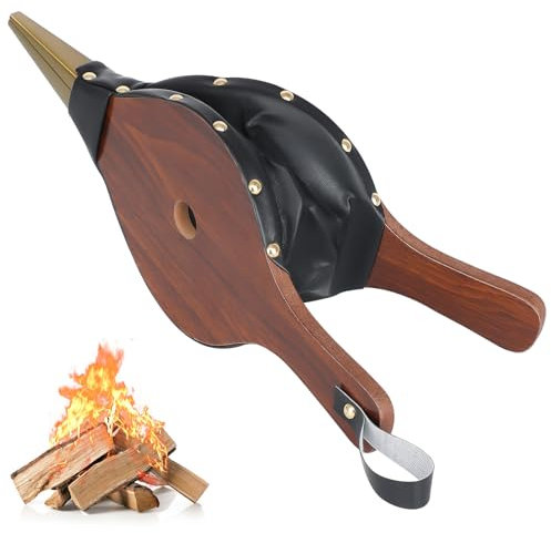 Gtongoko Boquilla fundida para fuelle de chimenea, 14.8 x 5.6 pulgadas, para acampar al aire libre, barbacoa, parrilla, chimenea, bomba de fuego, accesorios con correa para colgar, color marrón