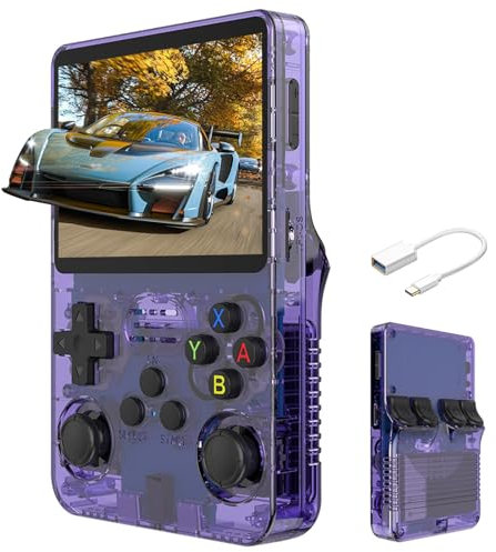 R36S Handheld Game Console, Retro Handheld Video Game Console 3.5 Inch IPS Screen Open Source Linux System Built-with 15000+ Games, 32G+64G TF Card, Purple