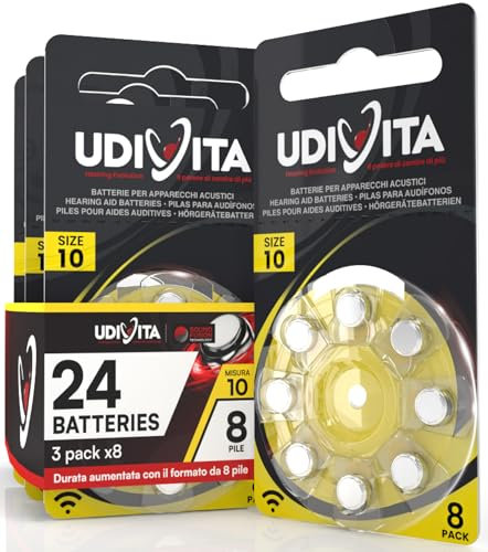 24 Pilas para Audífonos Tamaño 10 Udivita PR70 (Amarillo) Zinc-Aire Hearing Evolution con Tecnología Phono Pulse - 3 Blísteres de 8 Pilas