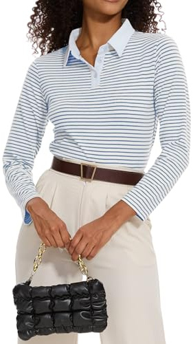 Sarefii Camicie da donna a righe con colletto a blocchi di colore polo da golf in misto cotone magliette a maniche corte T-shirt da tennis abiti estivi, Z Manica Lunga Blu Bianco, L
