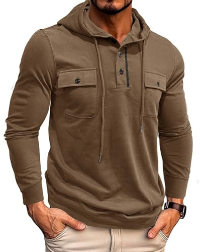 RQPYQF Sudaderas con Capucha para Hombre Camiseta de Manga Larga Camisa con Capucha Botón Deportivas Camiseta Camisa CS43 (Café, L)