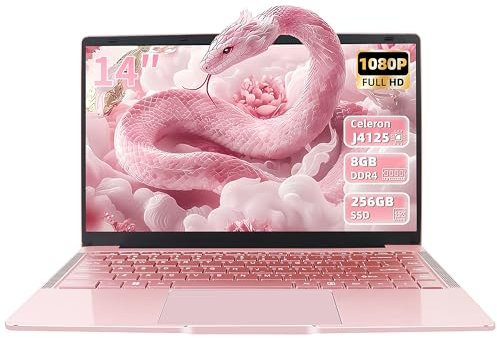 Fsjun 14 Zoll Laptop Roségold, FHD Display, 4 Kern Prozessor Celeron J4105, 8GB DDR4 RAM, 256 GB SSD,Webcam, WiFi, USB 3.0 x2, Mini-HDMI, Ultra-dünn, Notebook für Anfänger, DE Tastaturschutz