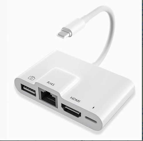 LUIRSAY Adaptador HDMI para iPhone, 4 en 1, Lightnning a USB/Ethernet/HDMI/Cargador, Compatible con iPhone 14/12/13/11/XS/XR/X/8/7/i-Pad