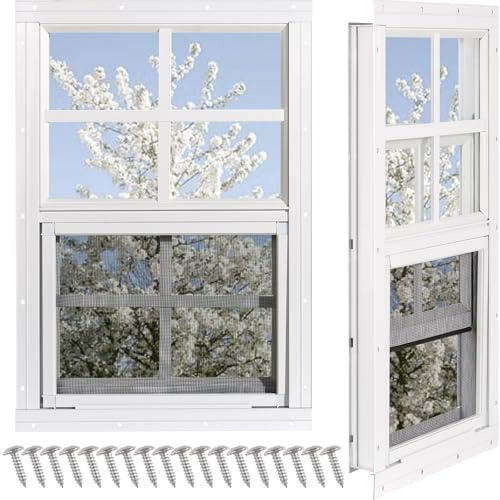 NOTASA Shed Windows 2 Pack, Chicken Coop Windows 18 x 23 with Tempered Glass and Fiberglass Screen, Flush Mounted Small Window for Shed, Barns, Playhouse, Household, Garage (White)