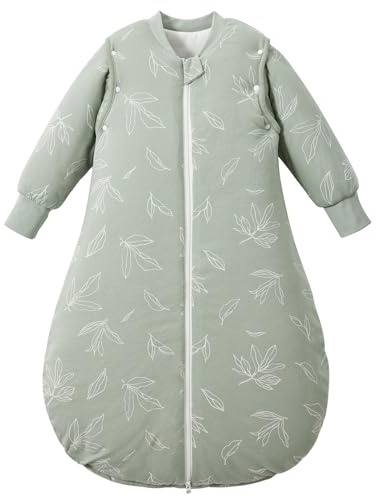 LULUMONKEY 3.5 TOG Winter Baby Sleeping Bag with Removable Long Sleeves, 100% Cotton Newborn Sleep Sack for 6-18 Months Toddler Infant, Green Leaves