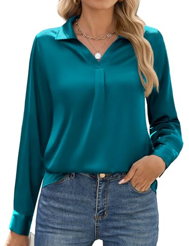 Zeagoo - Chemisier en satin pour femme - Manches longues - Élégant - Col en V - Chemise en soie - Manches longues - Haut uni - Pour le travail, Bleu paon, M