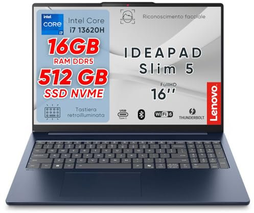 Lenovo Ideapad Slim5 PC portátil, Notebook i7 13620H, 16GB RAM DDR5, SSD 512GB, pantalla 16 WUXGA IPS FHD+, ordenador portátil, Wi-Fi 6, Thunderbolt, teclado retroiluminado