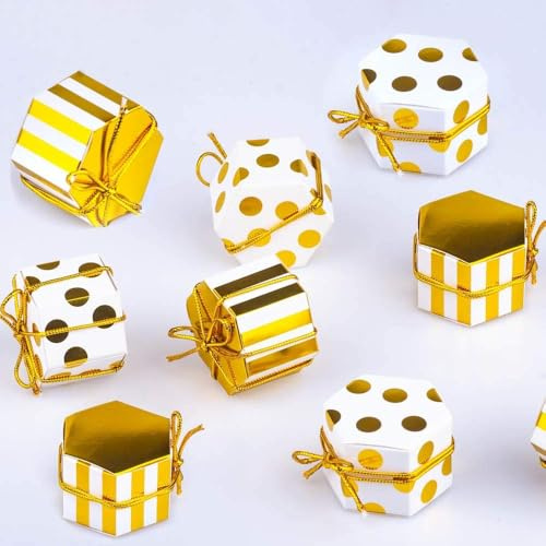 Ainmto Gold und weiße Geschenkbox 50 Stück Gastgeschenke Babyparty Süßigkeiten Kasten Gastgeschenke Schachtel Mit Tags und Seil für Geburtstag Hochzeit Taufe Geburt Party