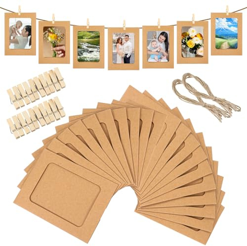 Ouligay 20 Stück Fotogirlande Papier Bilderrahmen 10x15 cm Pappe Fotorahmen zum Aufhängen mit 20 Holzklammern und 2 Hanfseil, Foto Girlande für Geburtstag Hochzeit Party Schule Wanddekor