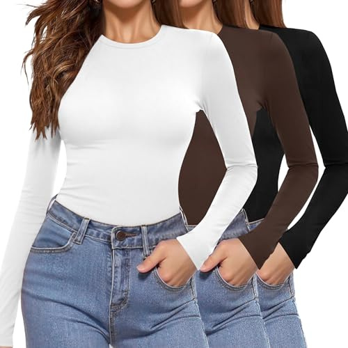 Aottori Pack 3 Camiseta Térmica Mujer Manga Larga Capa Base Diseño Ajustado | Cuello Redondo, Tejido Elástico, Tejido Ligero, Estilo Elegante, Uso Diario, Diseño Versátil