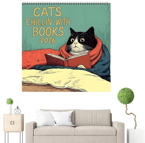 Cats Chilling With Books Calendar 2026, Cute Funny Cat Calendar 2026, 12-Month Wall Art Hanging Calendar, Family Planner for Home and Office Decor (21 X 21 cm)