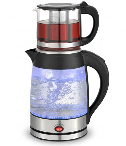 Siberg Teekocher Set 3-in-1 – Türkische Teemaschine mit 1,8L Wasserkocher, 800ml Glaskanne, 2200W Leistung, Warmhaltefunktion, BPA-frei
