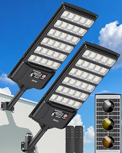 Ofuray Farolas Solares Exteriores, 6AH Potente Farola Solar con Sensor de Movimiento, Lámpara Regulable 3000K/4000K/6500K, Foco Solar Luz de Seguridad para Jardín, Patio, Tri-2P