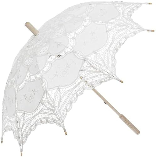 Monetais Parapluie de mariage, parasol en dentelle de coton blanc 25 pouces avec poignée en bois, parapluies en dentelle pour accessoires photo fête thé, décoration mariée mariage