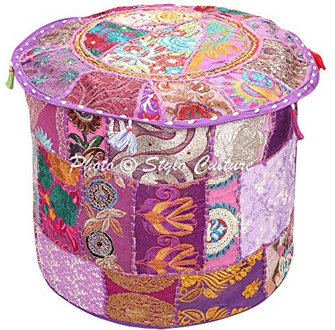 Stylo Culture Round Ottoman Pouffe Cover Floor Pouf Footstool Cover Purple Indian Embroidered Patchwork Cotton Traditional Pouf Ottoman Cover (16x16x13 Inch) 40cm (COVER ONLY)