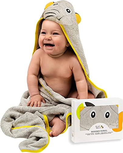 JM Toalla Bebe con Capucha - 100% Bambú Orgánico, Ultra Suave y Hipoalergénico, 35x35 Pulgadas, Grueso y Absorbente 500gsm, Regalo Bebe Recien Nacido Niño, Con Caja de Regalo y Toallita – Elefante